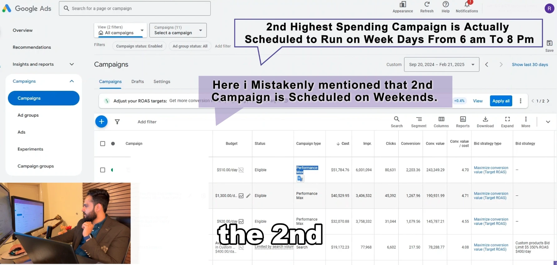 Google Ads campaign list showing Performance Max segmentation with spend breakdown.