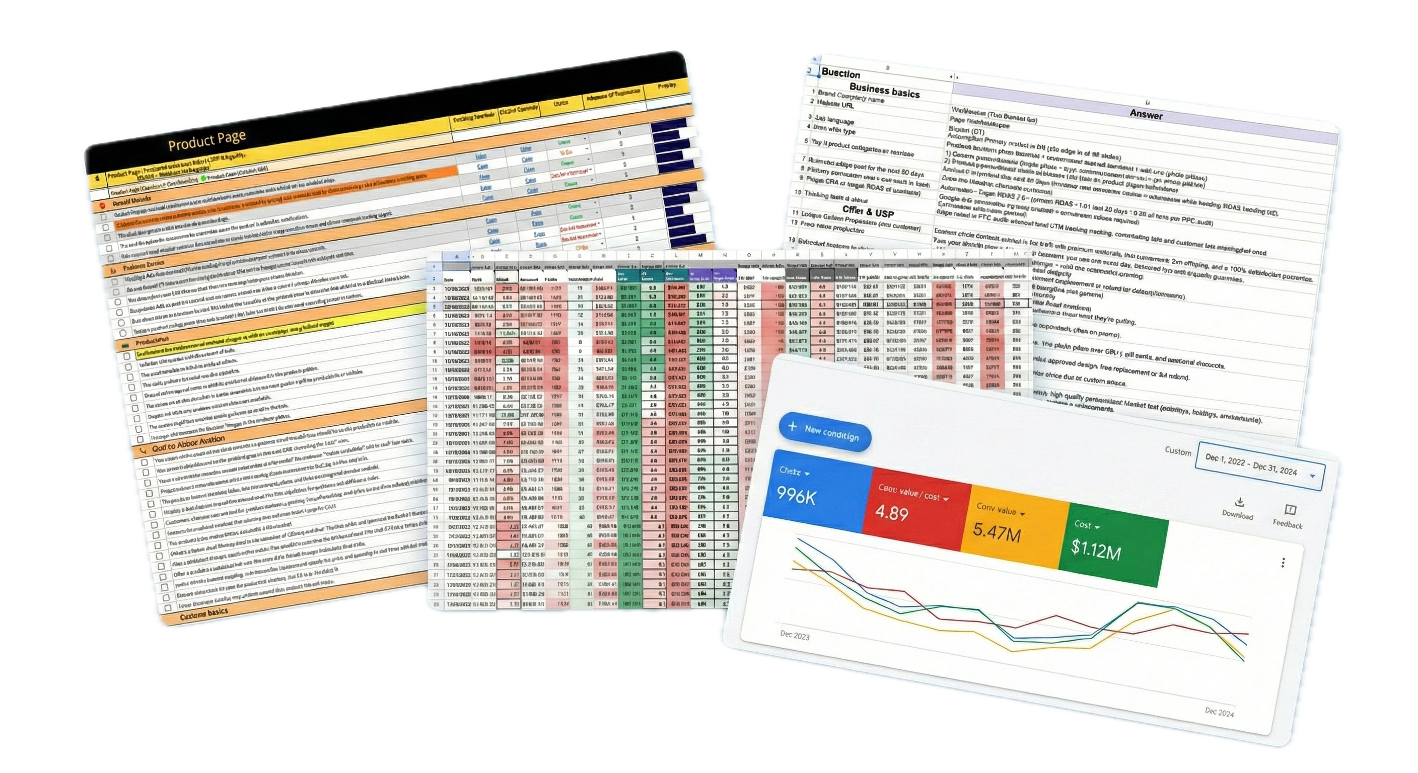 Collage of free digital marketing resources, including Google Ads dashboards and CRO spreadsheets.