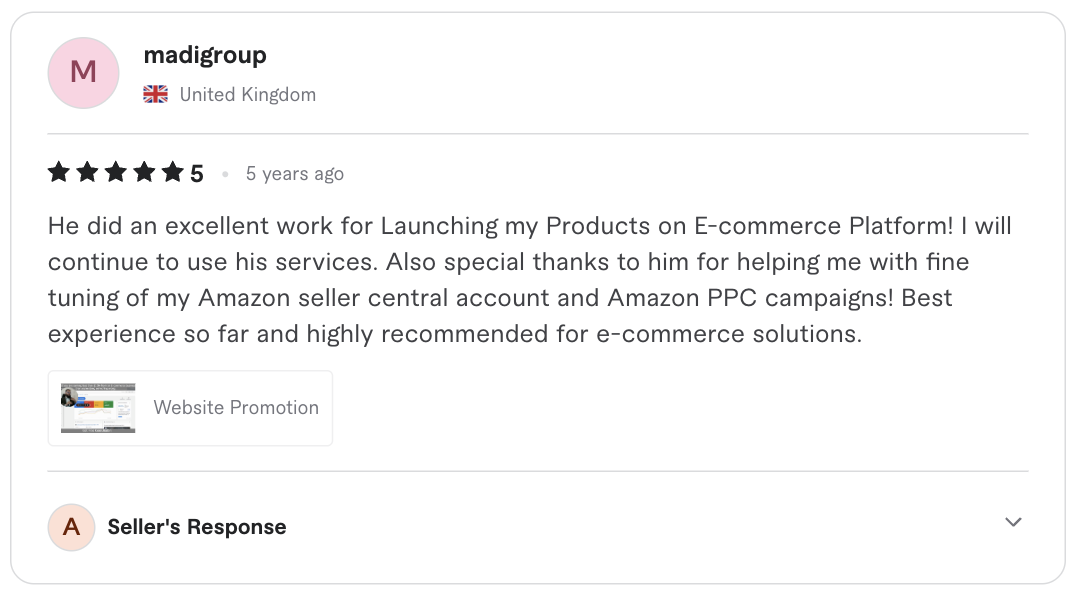 Screenshot of the original five-star client review for Amazon ppc product launch