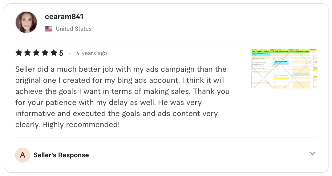 Screenshot of the original five-star client review for Microsoft (Bing) Ads campaign
