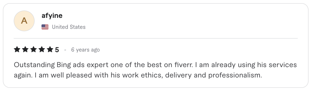 Screenshot of the original five-star client review for Microsoft (Bing) Ads management