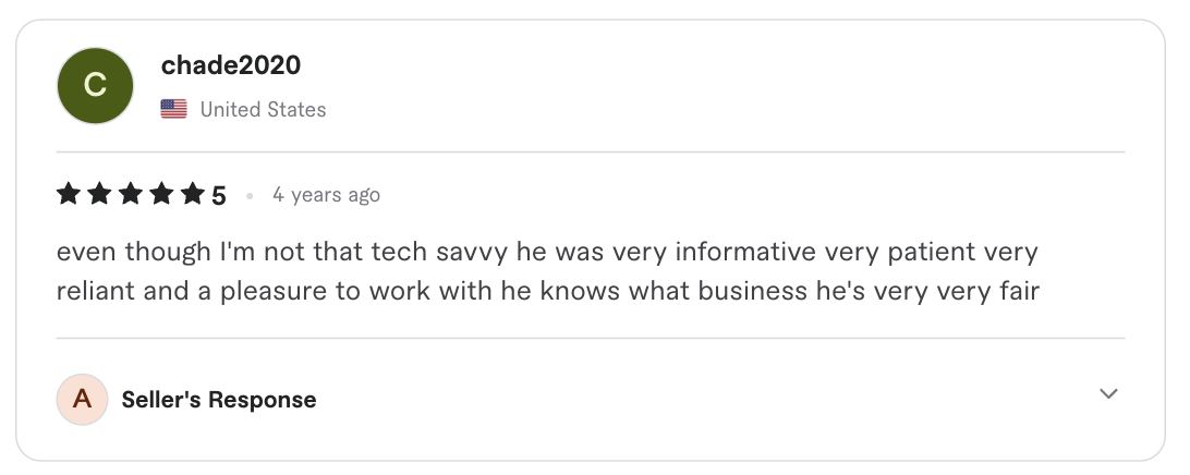 Screenshot of the original five-star client review for Digital marketing help