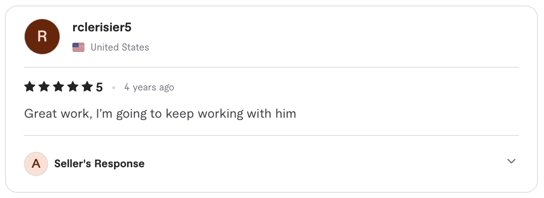 Screenshot of the original five-star client review for General marketing gig
