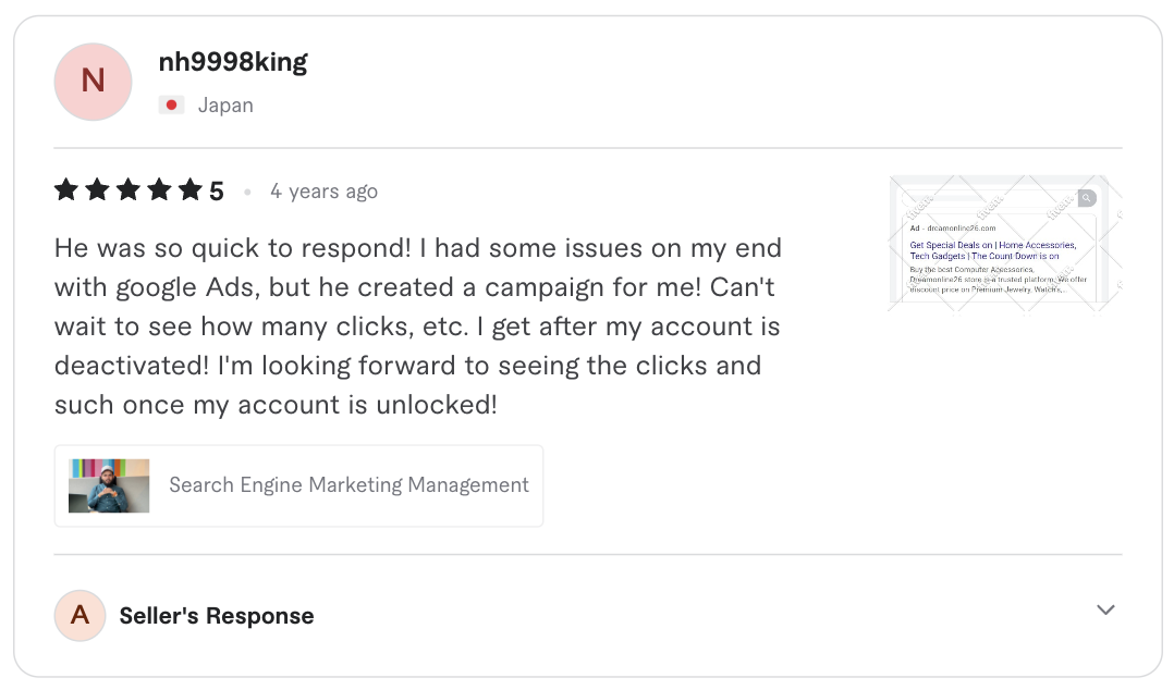 Screenshot of the original five-star client review for Google Ads campaign