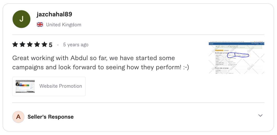 Screenshot of the original five-star client review for Google Ads campaigns