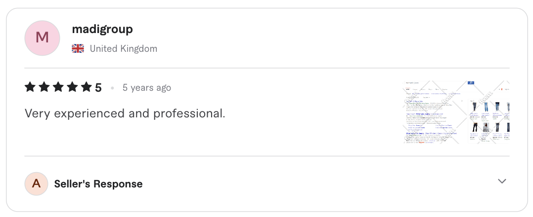 Screenshot of the original five-star client review for Google shopping ads