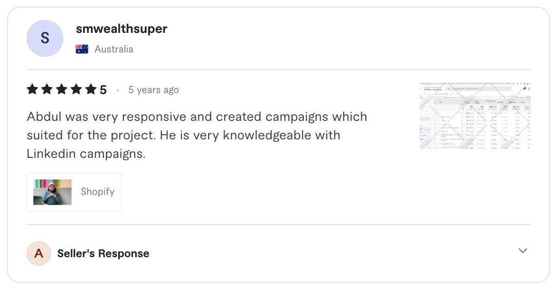 Screenshot of the original five-star client review for Linkedin ads campaigns