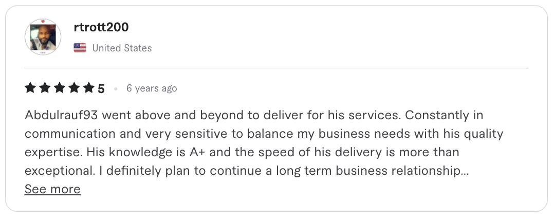 Screenshot of the original five-star client review for Marketing services delivery
