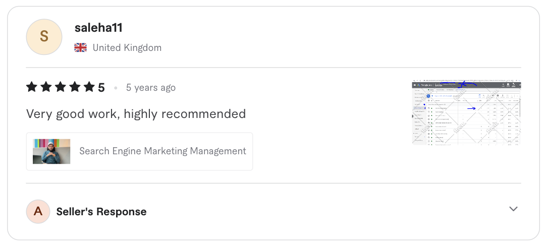 Screenshot of the original five-star client review for Search engine marketing