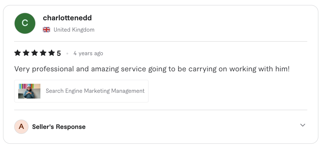Screenshot of the original five-star client review for Search engine marketing