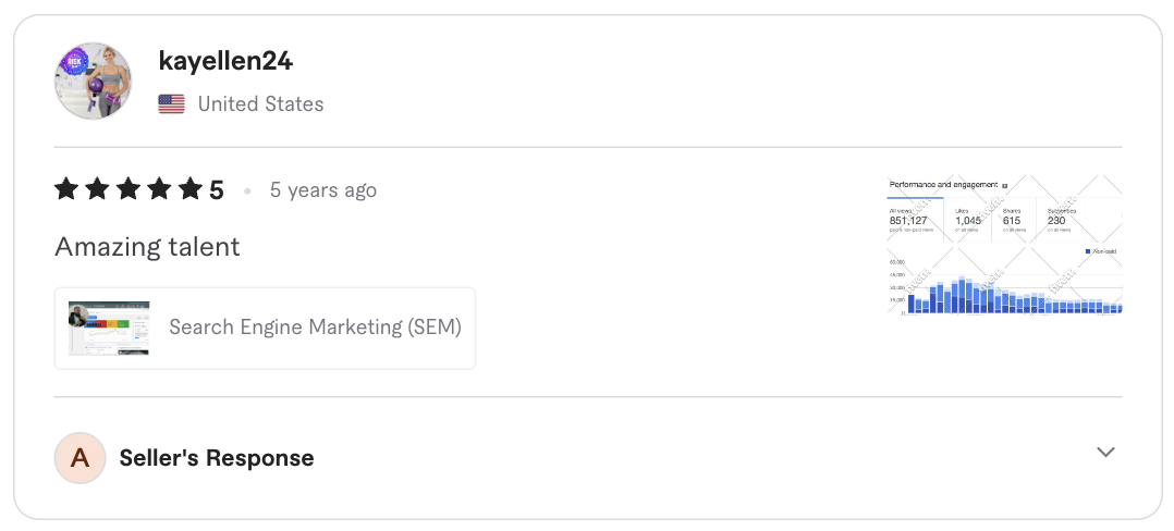 Screenshot of the original five-star client review for Search engine marketing