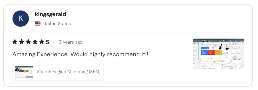 Screenshot of the original five-star client review for Search engine marketing