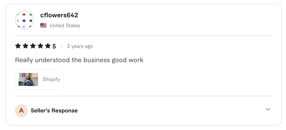 Screenshot of the original five-star client review for Shopify consultation