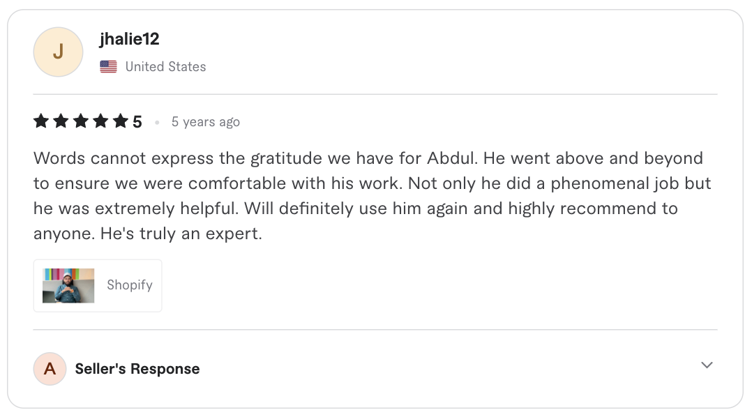 Screenshot of the original five-star client review for Shopify expert work