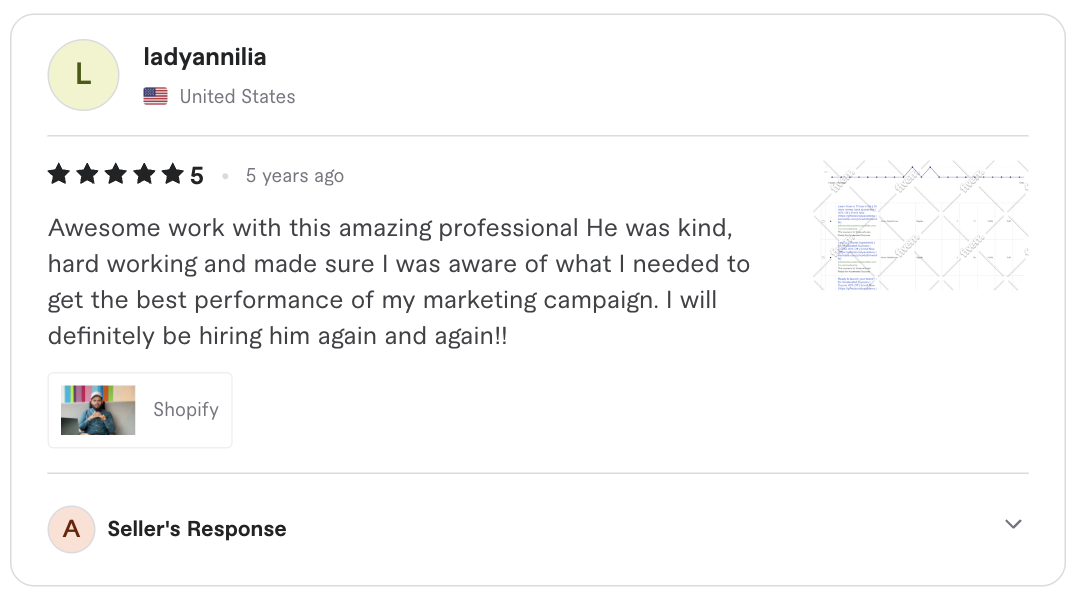 Screenshot of the original five-star client review for Shopify marketing campaign