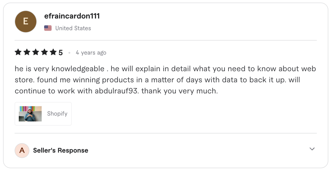 Screenshot of the original five-star client review for Shopify product research