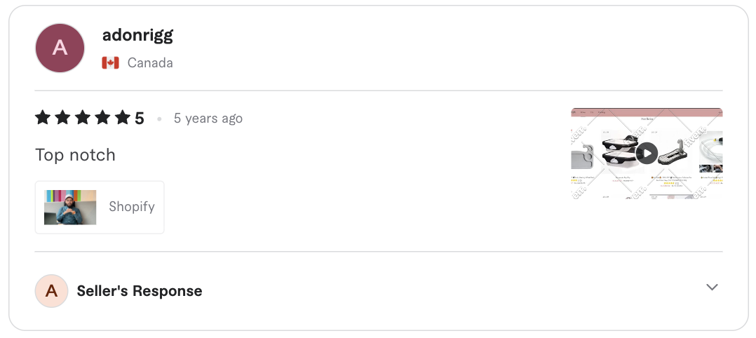Screenshot of the original five-star client review for Shopify store setup