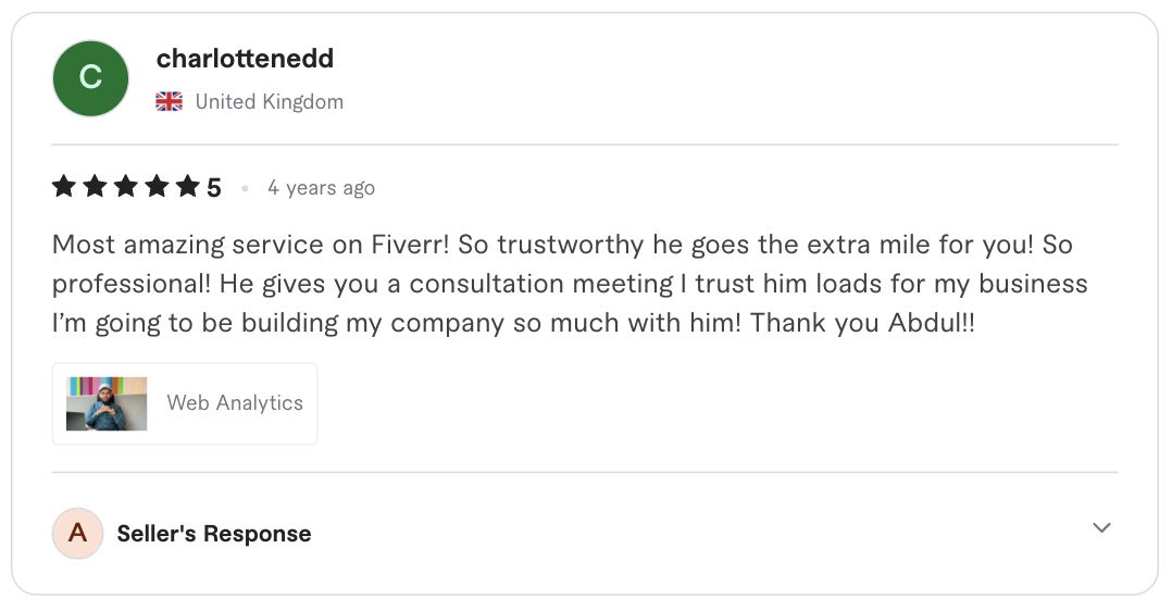 Screenshot of the original five-star client review for Web analytics consultation