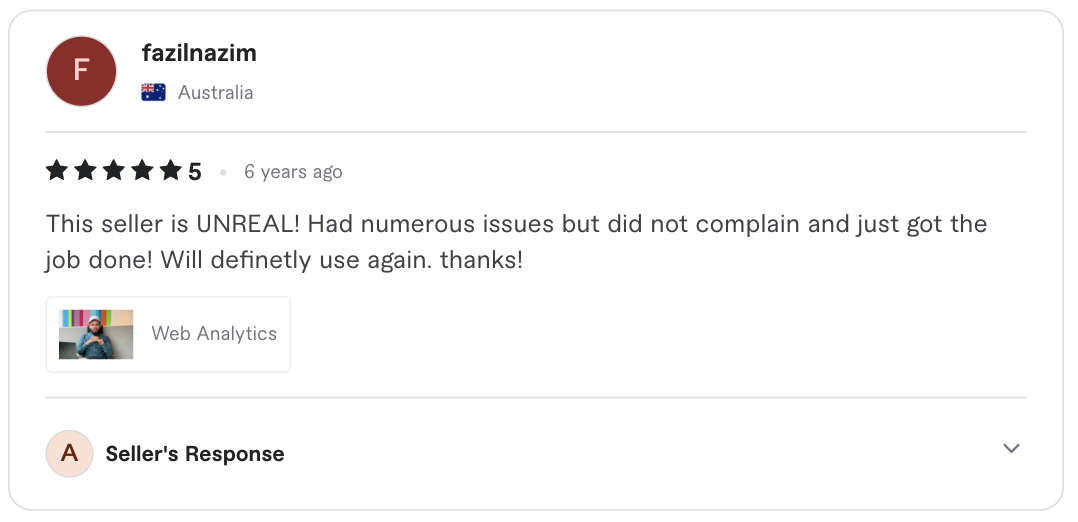 Screenshot of the original five-star client review for Web analytics setup