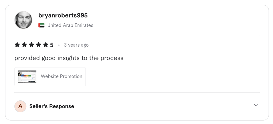Screenshot of the original five-star client review for Website promotion