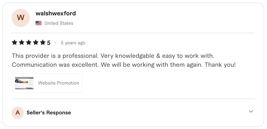 Screenshot of the original five-star client review for Website promotion