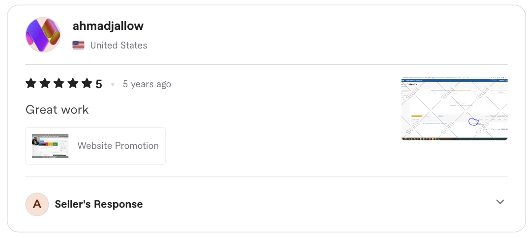 Screenshot of the original five-star client review for Website promotion