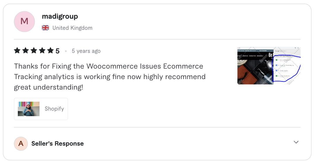 Screenshot of the original five-star client review for Woocommerce ecommerce tracking fix