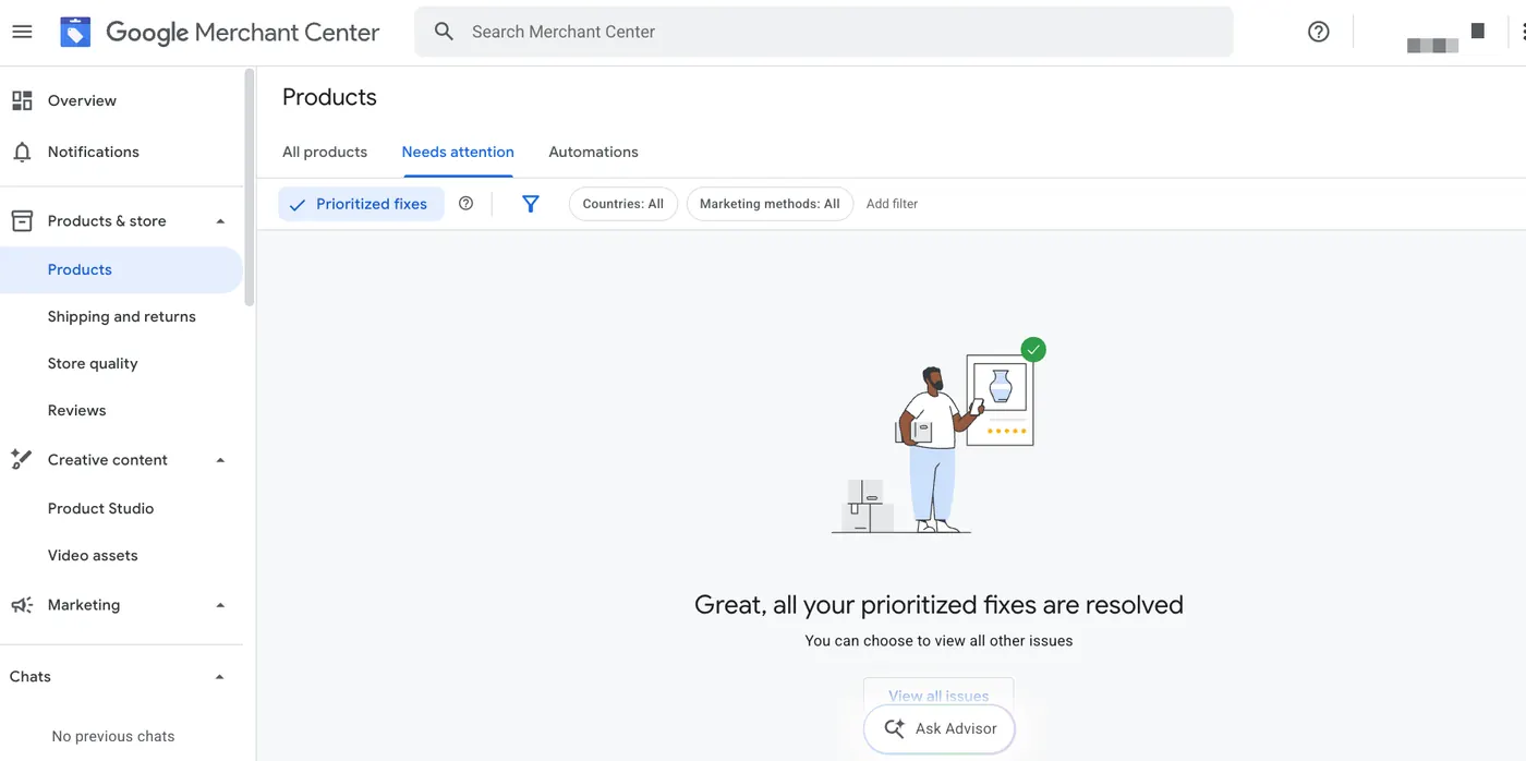 Google Merchant Center Needs attention tab showing all prioritized fixes resolved