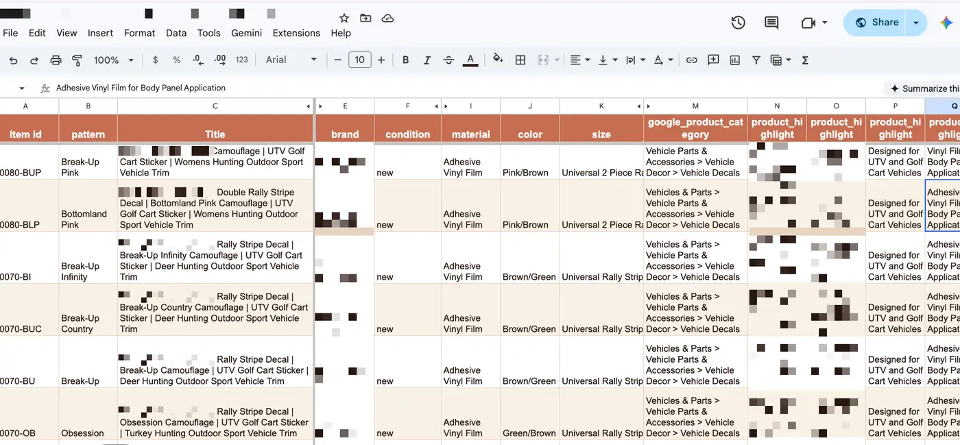 Supplemental feed spreadsheet mapping titles, patterns, materials, and product highlights per SKU