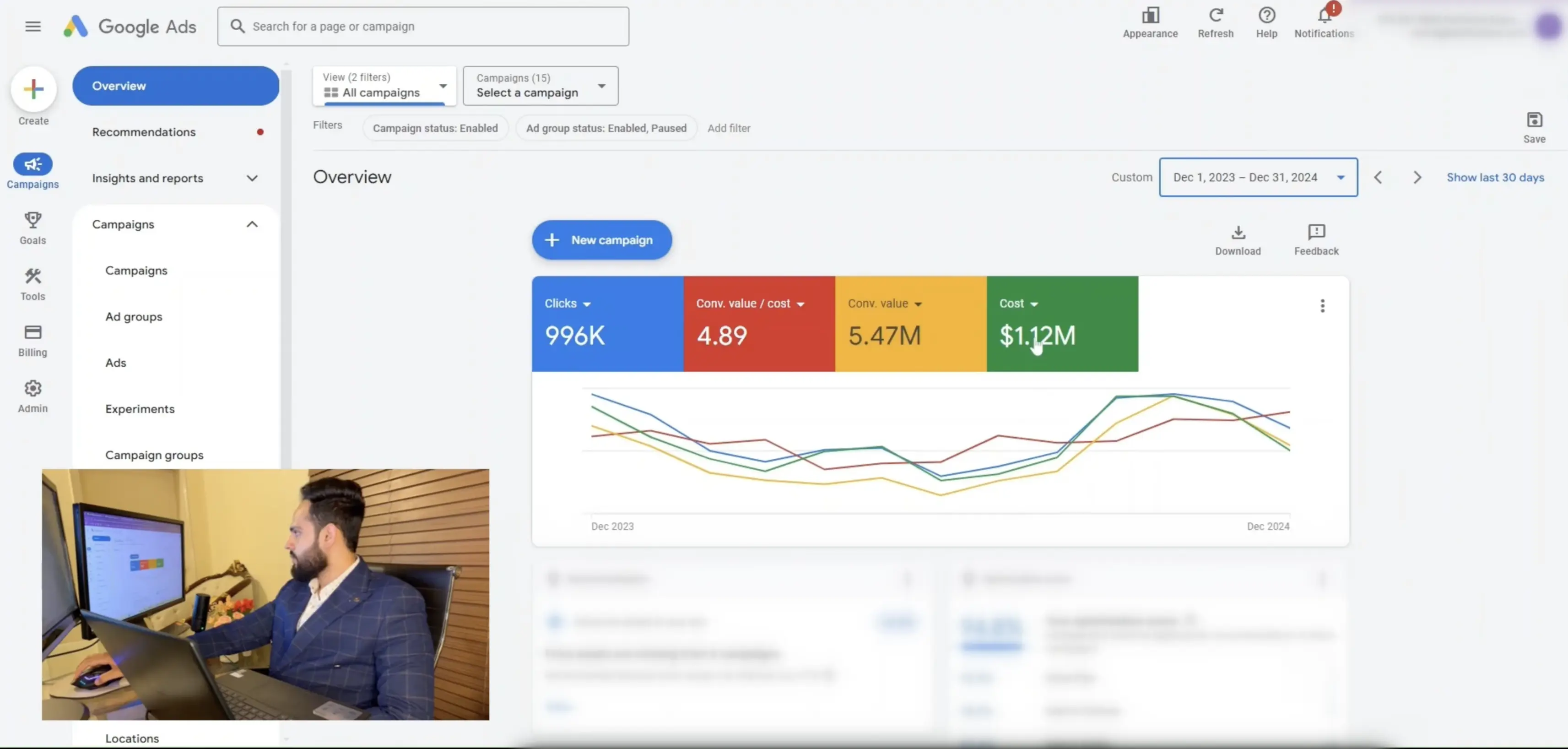 Google Ads overview showing $5.47M revenue, $1.12M spend, and 4.89 ROAS for the year.