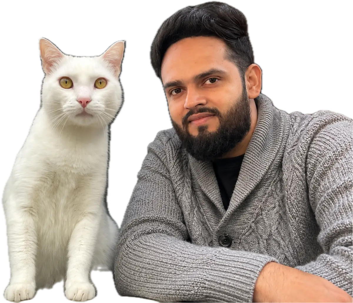 Founder of Just Lead Market pictured with a white cat.
