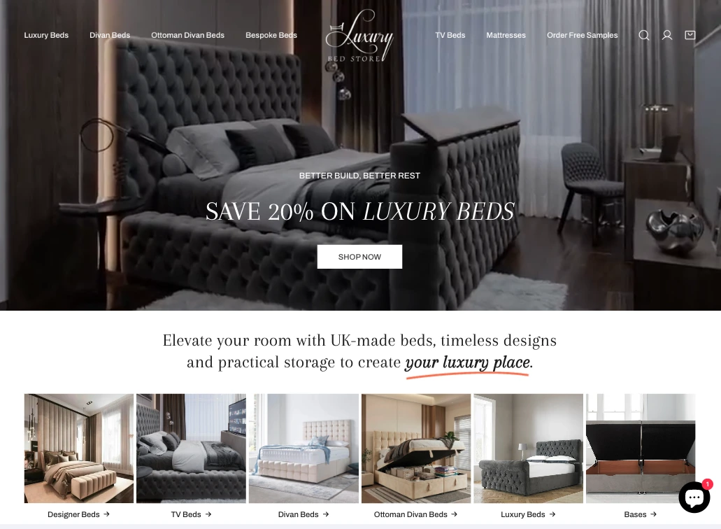 Luxury Bed Store Shopify storefront - premium PDP rebuilt by Just Lead Market.