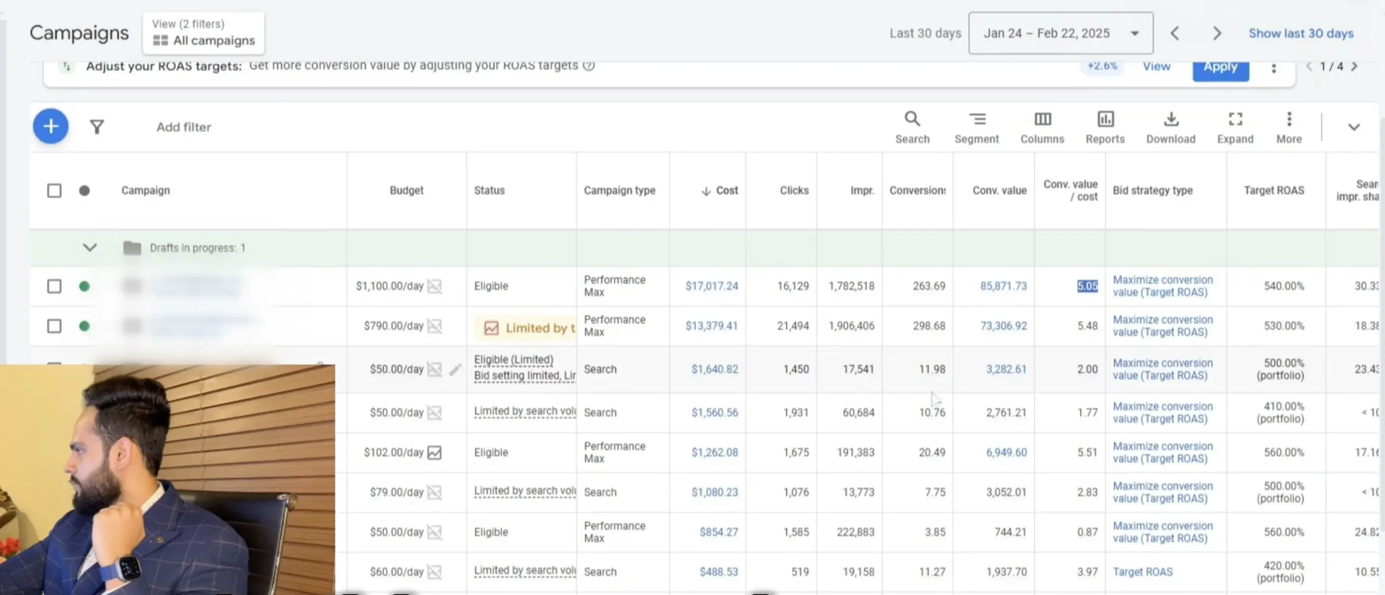 Google Ads campaign list showing multiple Performance Max campaigns segmented by category plus a catch-all.