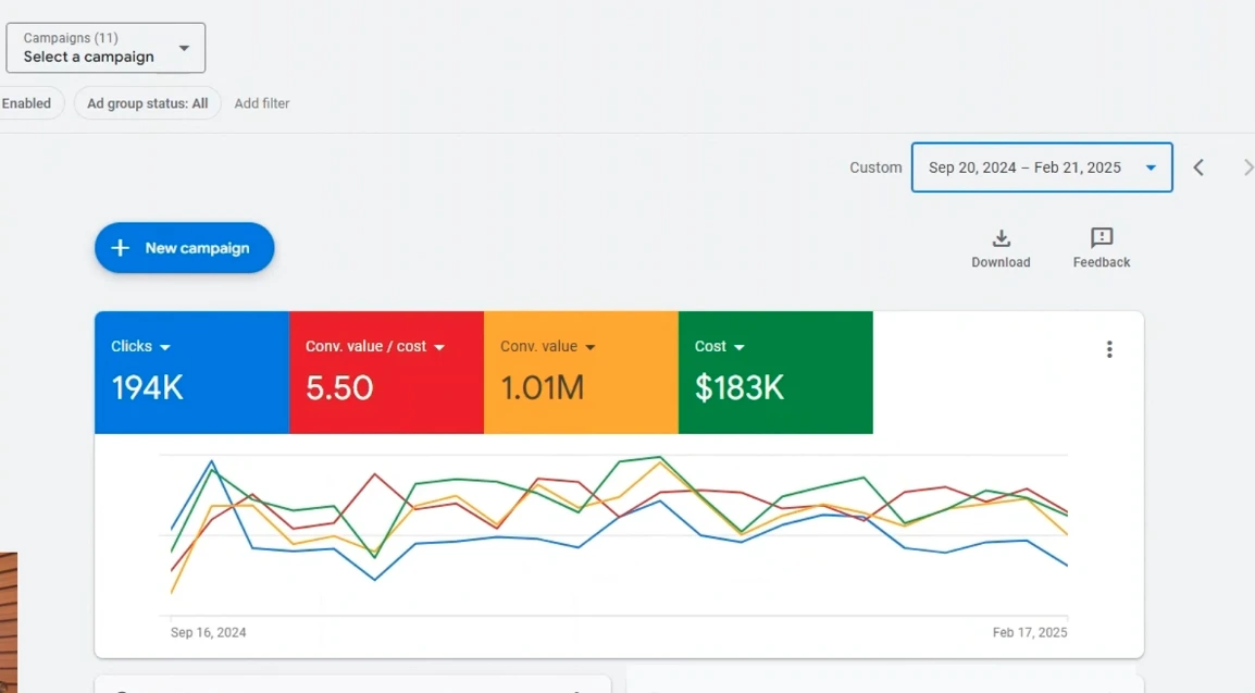 Google Ads dashboard showing 155-day performance with 1 million revenue and 5.5 ROAS.