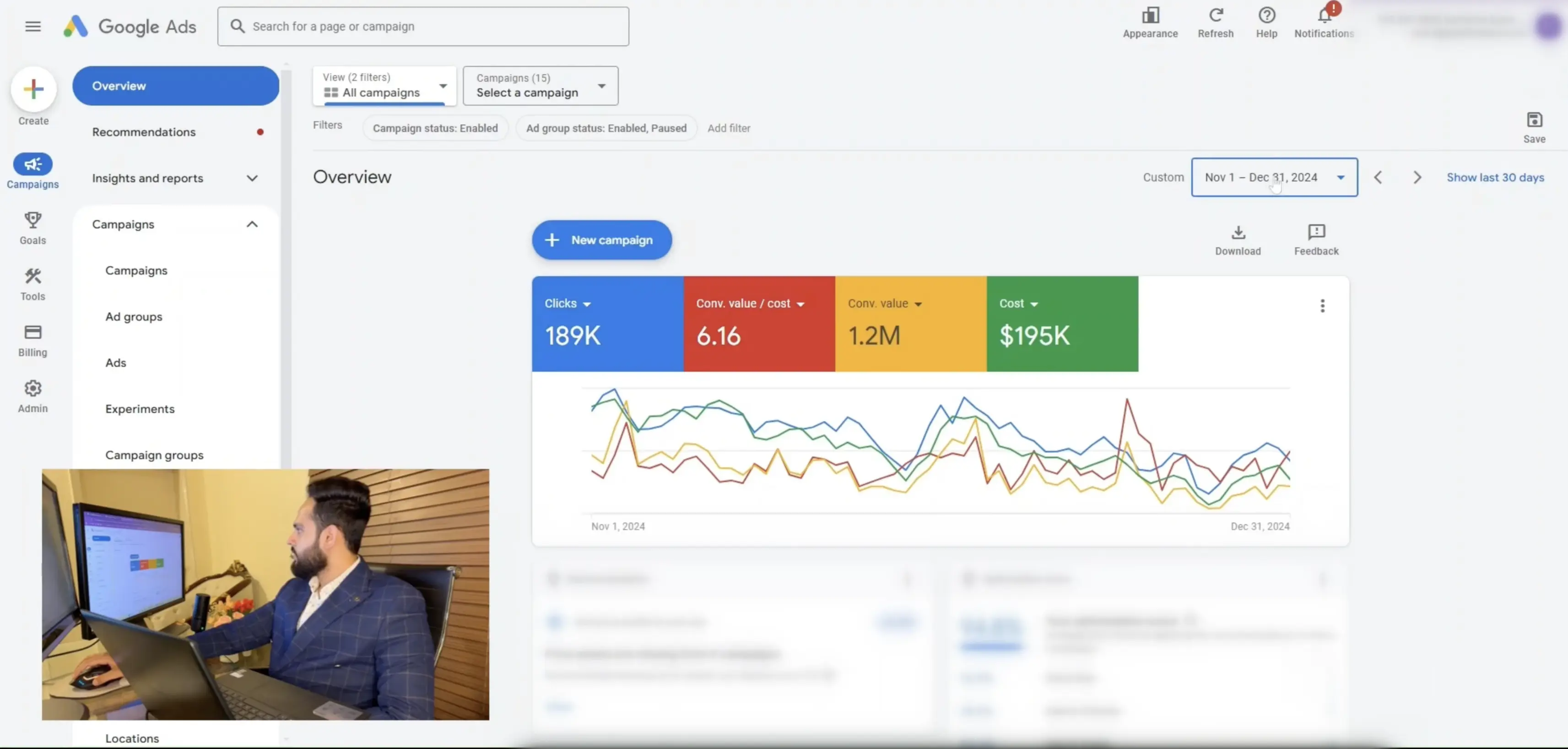 Google Ads performance snapshot highlighting $1.2M conversion value, $195K cost, and 6.16 ROAS.