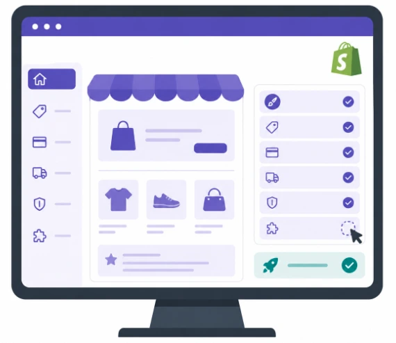 Shopify store setup icon showing launch checklist and storefront setup