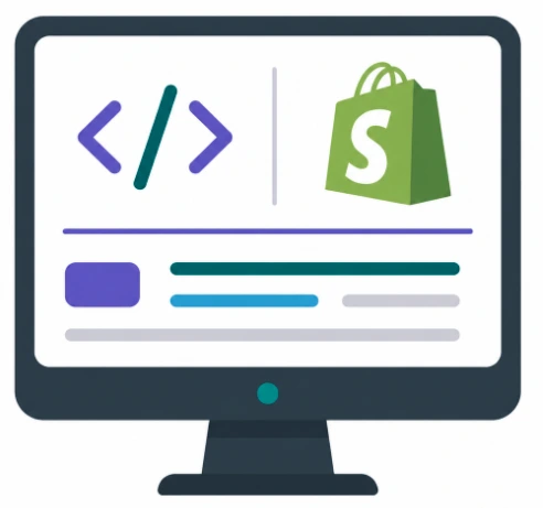 Shopify website development icon showing code and Shopify store build