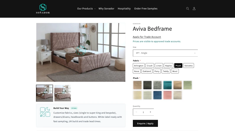 Sonador Shopify storefront for trade buyers - Wix to Shopify migration by Just Lead Market.
