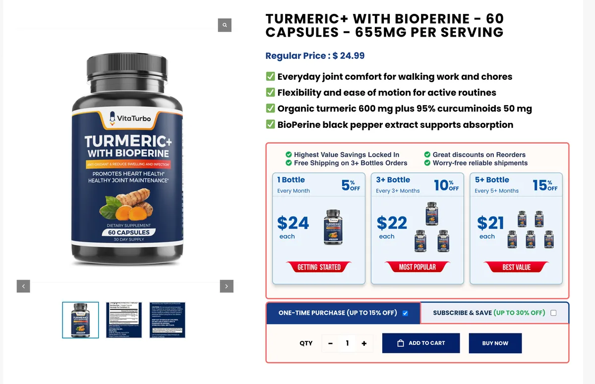 VitaTurbo turmeric supplement product page with compliant supports-style claim bullets and subscribe-and-save pricing tiers